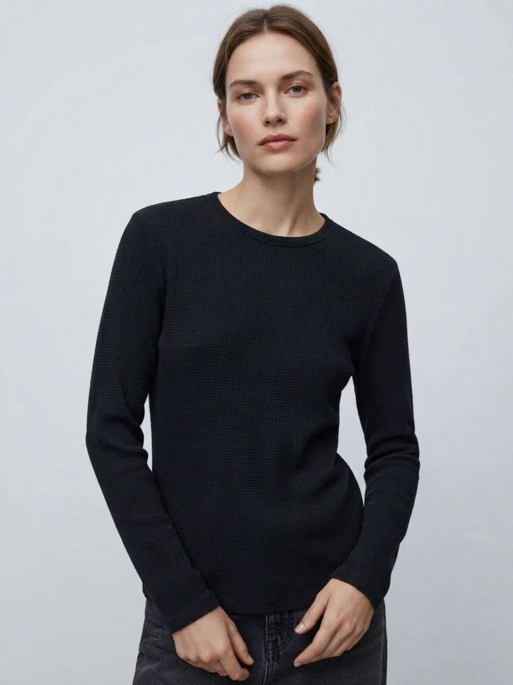 Zara Black Waffle Knit Long Sleeve Top L Capsule Minimalist Basic Casual Fall